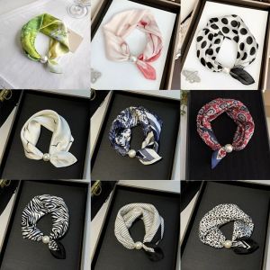 INTOONE Printed Silk Scarf Thin Pearl Buckle Neckerchief Fashion Soft Neck Scarf Women