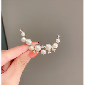 Pearl Crescent Brooch Crystal Rhinestone Clothing Pin Elegant Fashion Jewelry
