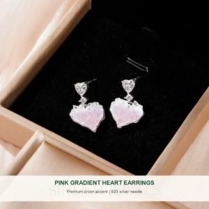 SINLISH Pink Gradient Crystal Heart Earrings with Zircon Korean Trendy Jewelry for Women