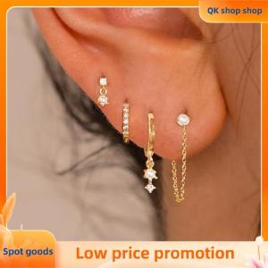✨QK shop✨ 4PCS Chain Huggie Earring Set For Women Fashion Flower Tragus Hoop Earrings Bulk Cartilage Helix Jewelry Lobe Earing