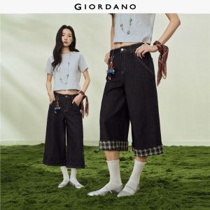 Giordano Women Patchwork checkered wide-leg cropped jeans - High Quality Free Shipping 18426803