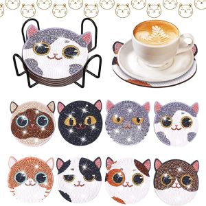 JUVIAAL Cartoon DIY Diamond Painting Coasters Anti Slip Colorful Diamond Art Coasters Material Pack Diamond Art Mirror Kits Creative DIY Cat Tablemat Diamond Art