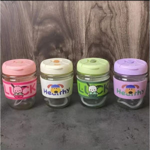 Gelas Kaca Cover Karakter Kartun Healthy Luck Free Sedotan Souvenir Ultah Wedding Murah 350ml