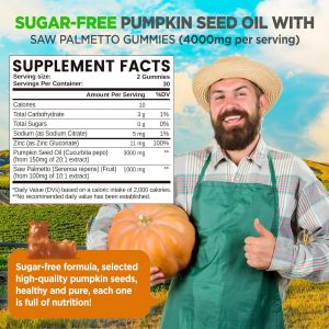 Pumpkin Seed Oil Gummies with Saw Palmetto Pumpkin Seed Oil Extract for Hair Growth & Health Cold-Pressed Supplements for Women Men Vegan Sugar Free Lemon 60 Chewable