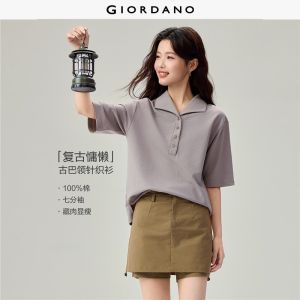 GIORDANO Women Polo Shirts 100% Cotton Lapel Collar Polo Shirts 3/4 Sleeve Fashionable Casual Regular Polo Shirts 05316781