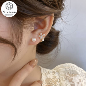 Viviann New Elegant Romantic Unique Pearl Stud Earrings For Woman Korean Fashion Jewelry Party Girls Lady Temperament Accessories Pearl Flower Stud Earrings Crystal Jewelry Gifts