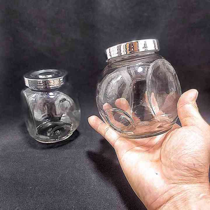 Hũ Đựng Bánh Kẹo 480ML (combo 4 cái) tròn dẹt kiểu nghiêng 2 đáy - nắp nhựa bạc - Hũ Thủy Tinh Đựng Gia Vị - Lọ Thủy Tinh Đựng Bánh Kẹo