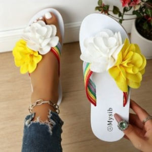 [Free Shipping] New Summer Rainbow Ribbon Flip-Flops With 3D Fabric Flowers Wedge Heel Thick Sole Soft Beach Outdoor Sandals