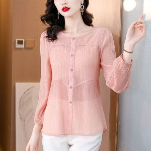 AMMIN เสื้อเบลาส์แขนพองหวานเรียบง่ายผ้าฝ้ายคอกลมและผ้าลินินแขนยาวเสื้อสไตล์เกาหลีเรียบง่ายสำหรับฤดูใบไม้ผลิและฤดูใบไม้ร่วงสีชมพูเสื้อเบลาส์กระดุมแถวเดียวที่สง่างาม2024