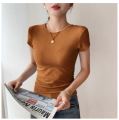 BASIC Double Lining Full Length Top Short sleeve Basic Plain T Shirts Top for women Cotton Spandex Slim Fit Body Hugging T-shirt Top XS-S free size. 