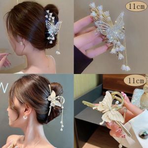 Flower Butterfly Tassel Barrettes Womens High-Grade Large Back Head Grip Updo Shark Clip Hair Accessories 2024 New