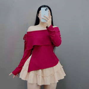 Áo thun kiểu Bigsize Nữ trễ vai vạt xẻ tay dài co giãn sang chảnh mặc lễ tết noel size 60-95kg- G257