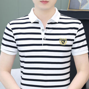 2024 nam mùa hè Của Thời Trang Cao Cấp Lỏng Giản Dị Tinh Khiết Bông Sọc Kinh Doanh đơn giản và đa năng Polo Cổ Áo phông ngắn tay
