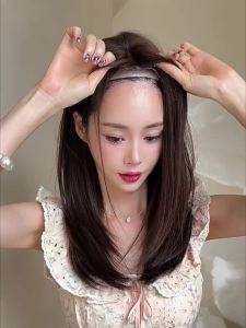 Tóc giả thẳng dài 22 inch có mái rủ dành cho nữ tóc tổng hợp màu đen chịu nhiệt dùng cho tiệc tùng cosplay (màu trà đen)