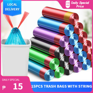 1Roll=15Pcs Trash Bags with Strings Thickened Garbage Bag with Handle Drawstring Rubbish Bags Home Care Supplies