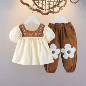 X BABY Setelan Anak Perempuan Set Anak Cewek Lengan Pendek Katun Polos U-Neck Kasual Style 1-4 Tahun
