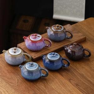 Household Porcelain Kung Fu Tea Set Flambe Temmoku Glaze Gentiana Pot Jianzhan Teapot Traditional PorcelainOverglaze color