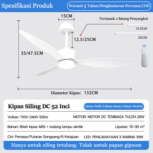 COD🚀52-inch white high-end ceiling fan with light pure copper DC motor energy-saving and quiet 6-speed + 3-color variable LED with remote control has reverse and timer function suitable for living room dining room. Local delivery