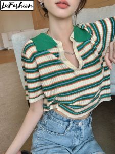 LuFashion Crop Tops for Women Stripe Kint Polo Collar Summer Short Sleeve Design Casual T-Shirts