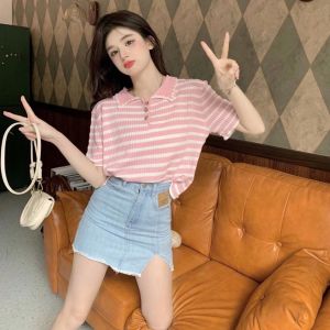 BL20905 Soft Tone Stripe Polo Knit Top