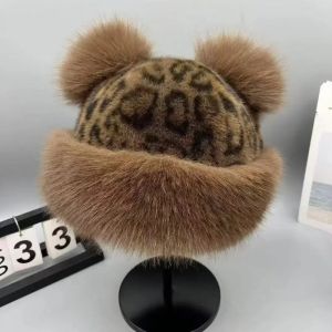 Winter Plush Warm Hats Leopard Print Women Korean Cute Mongolian Cap Little Bear Ear Thicken Fisherman Hat Ear Protection Bonnet