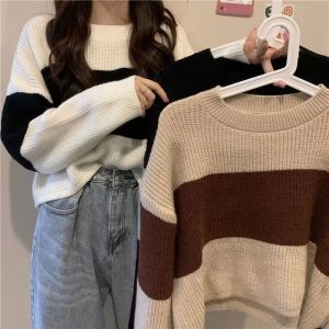 Stripe Sweater Women Vintage O-Neck Contrast Long Sleeve Crop Sweater Loose Autumn New Fashion Pullover Knitwear Female