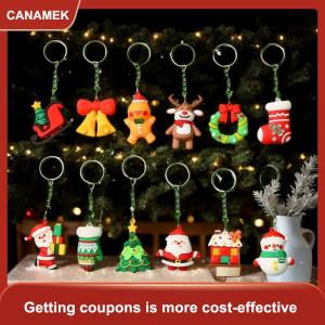 【CANAMEK 】 12Pcs Christmas Keychain Box Cartoon Santa Claus Tree Snowman Keyring Backpack Pendant Box New Year Party Gift