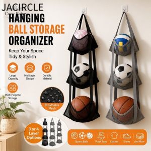 JACIRCLE Wall Mounted Ball Holder Storage Bag Multilayer Organizer For Basketball Soccer Plush Toys