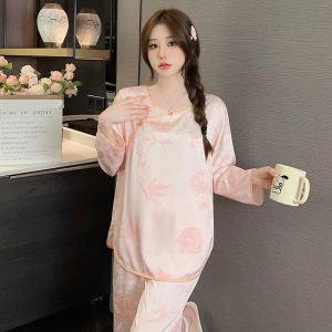 Laice silk sleepwear print floral pajamas women pajamas sets on pullover long sleeve nightwear loungewear sets vintage New