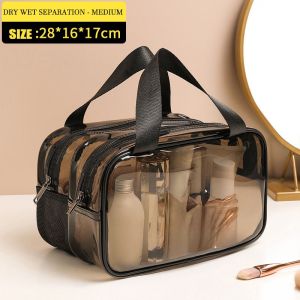 Large capacity travel cosmetic bag PVC transparent double partition dry wet separation waterproof wash bag