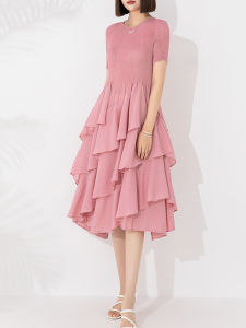 ชุดเดรสทรงหลวมอัดพลีทใหม่ชุดเค้กแขนแขนสั้นคอกลมสีทึบสลิมมิ่งอเนกประสงค์ #20240672