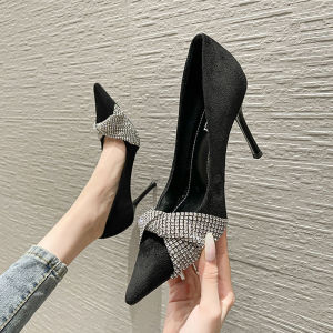 DTL-Rhinestone black French high heels for women 2024 womens stiletto pointed toe design ladylike style single shoes womens banquet shoes