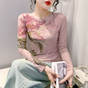 YIGE เสื้อซับในคอแบบวงกลมหรูเบาเสื้อยืดผู้หญิงพิมพ์ลายแขนยาวเข้ารูปแฟชั่นแบบใหม่ในฤดูใบไม้ร่วง2023เสื้อขนาดใหญ่พิเศษ