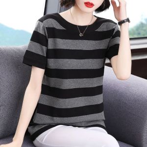 Yitiaoyu Womens Short-sleeved T-shirt Loose Striped T-shirt Top