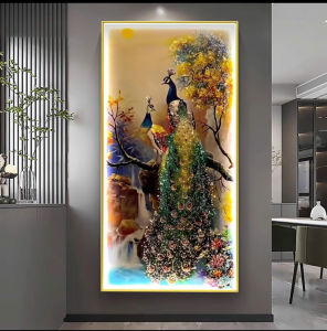 Tranh Điện Đính Đá Pha Lê + Đèn LED Chim Công Cao Cấp Treo Tường Decor Phòng Khách Phòng Ngủ...