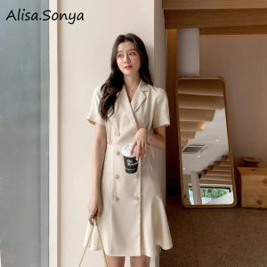 Alisa. Sonya Womens Classical Double-Breasted V-Neck Slim Dress Vocation Design Formal Dress for Daily Work