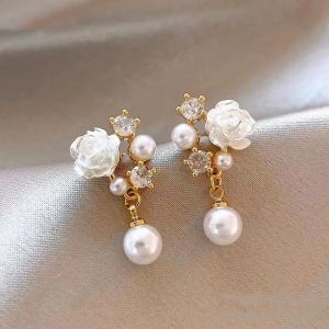 Flower Camellia Pearl Trendy Classy Elegant Earrings Fashionable Pearl Earrings