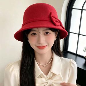 NHG Warm Fleece Winter Woolen Hat Korean Style Soft Felt Elegant Bucket Hat Bowknot Top Hat Solid Color Vintage Fedora Cap Elegant Women