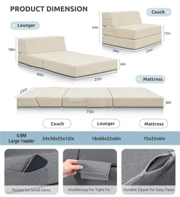 Zeen Folding Sofa Bed Convertible Sleeper Chair Fold Out Couch Memory Foam Floor Mattress Futon Couch Single/Queen Lazy Sofa for Living Room/Dorm/Guest Room/Home Office