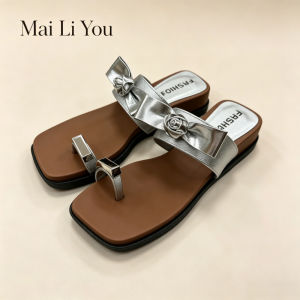 Free Shipping 2026 Autumn/Winter Collection: Light Luxury Style Camellia And Bowknot Design WomenS Slip-On Sandals With A Square Toe And Wedge Heel