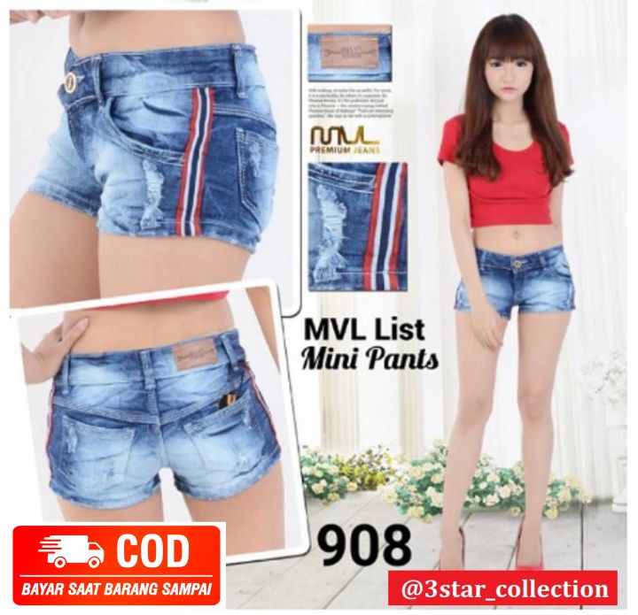 3starcollection Celana Jeans Wanita Hot Pants Jeans Sobek List