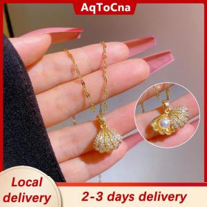 [COD] AqToCna Ship within 24 hours Pearl Necklace For Women Full Of Rhinestones Shell Titanium Pendant Necklace Non Tarnish Metal Necklace