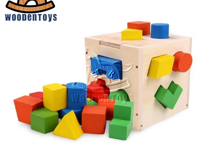 Wooden Shape Sorting Cube Toys with 15 Colorful Wood Geometric