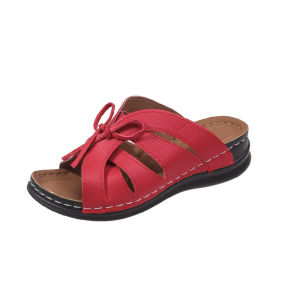 [Free Shipping] New Style Solid Color 20 Large Size 23 Flat Bottom Hollow Out Bowknot Slip-On Sandals With A Fish Mouth Design And A Wedge Heel