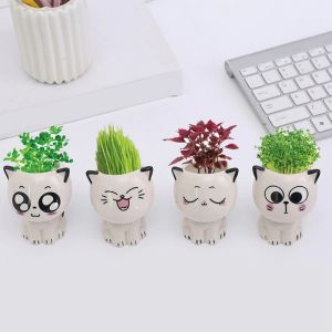 Mini Cat Shapes Ceramic Flowerpot Cartoon Q Hand Desktop Potted Desk Deco Small Ornament