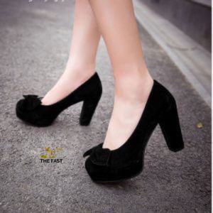 Giầy  bít mũi đúp gót vuông cao mũi tròn gắn nơ xinh xắn NĐ42