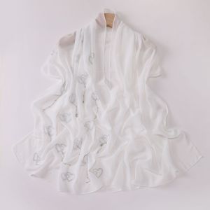 Jifang New Desgin Shimmer Starry Rhinestones Double Hearts Silver Beads Chain Pendant Tassels Bubble Chiffon Shawl Long Pashmina Tudung WC89