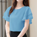 ZANZEA Korean Style Women's Blouse Ruffle Short Sleeve Double Layer O-Neck Solid Top Pullover #10. 