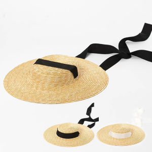 Wide Brim Sun Hat 15cm Brim Straw Hat Flat for Women Beach Caps White Black Ribbon Tie Beach Side Cap Floppy Female Raffia Straw2026