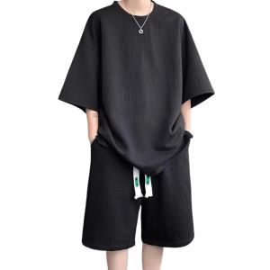 Fashion Oversize Elastic waist Exquisite drawsting Men＇s Sets Textured jacquard fabric Korean Sports suit M-3XL